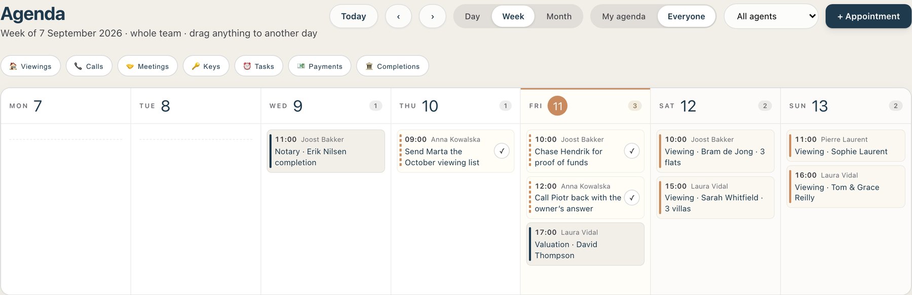 The team's week in the agenda: viewings, valuations, tasks and a notary appointment.