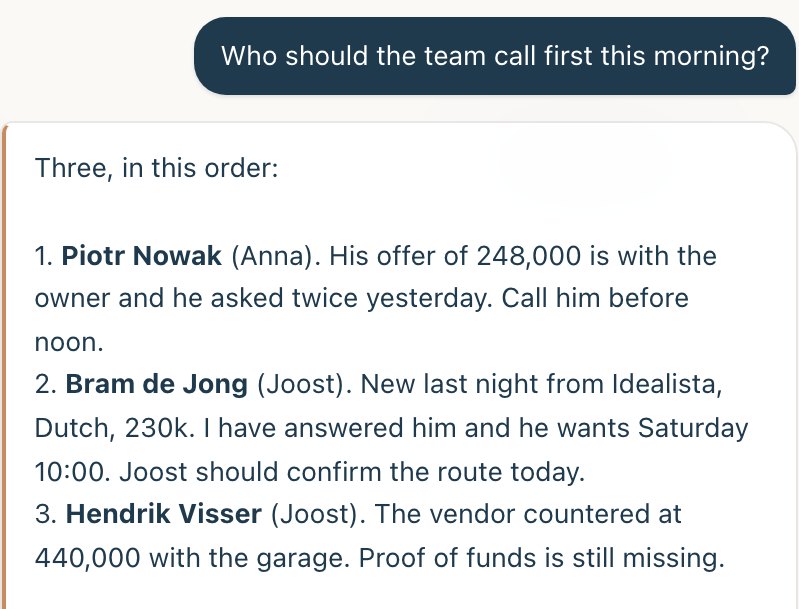 The assistant answering who the team should call first this morning, with three named clients and why.