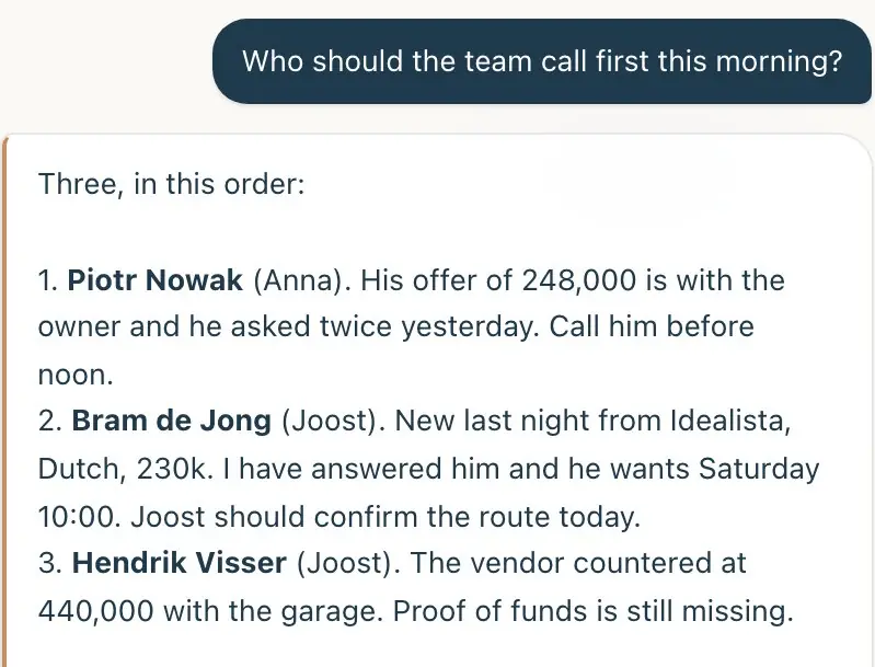 The assistant in the CRM answering “Who should the team call first this morning?” with three named clients and why.
