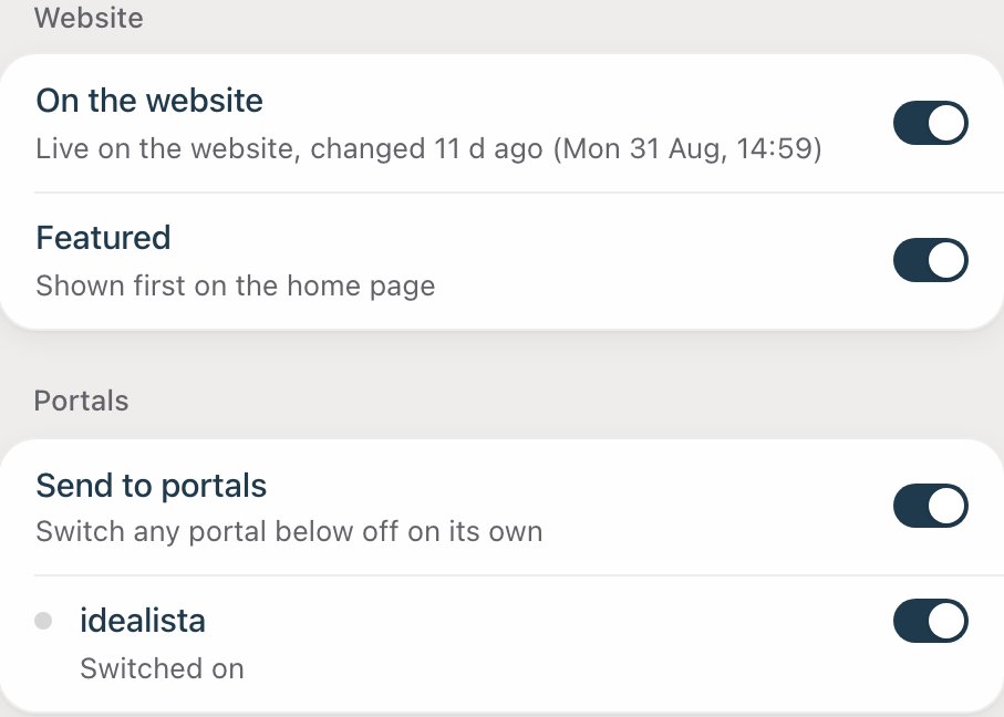 A property's status, website and portal switches in the CRM.