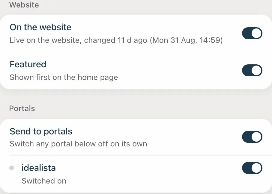 A property’s status, website and portal switches in the CRM.
