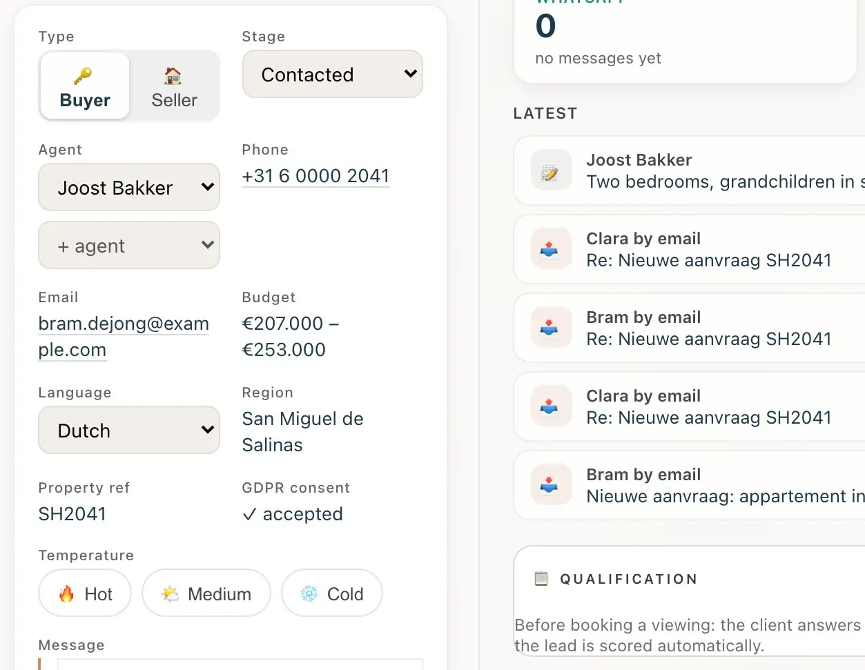 The client card the CRM made from the enquiry: Dutch, Idealista, budget, phone, property reference and his original message.