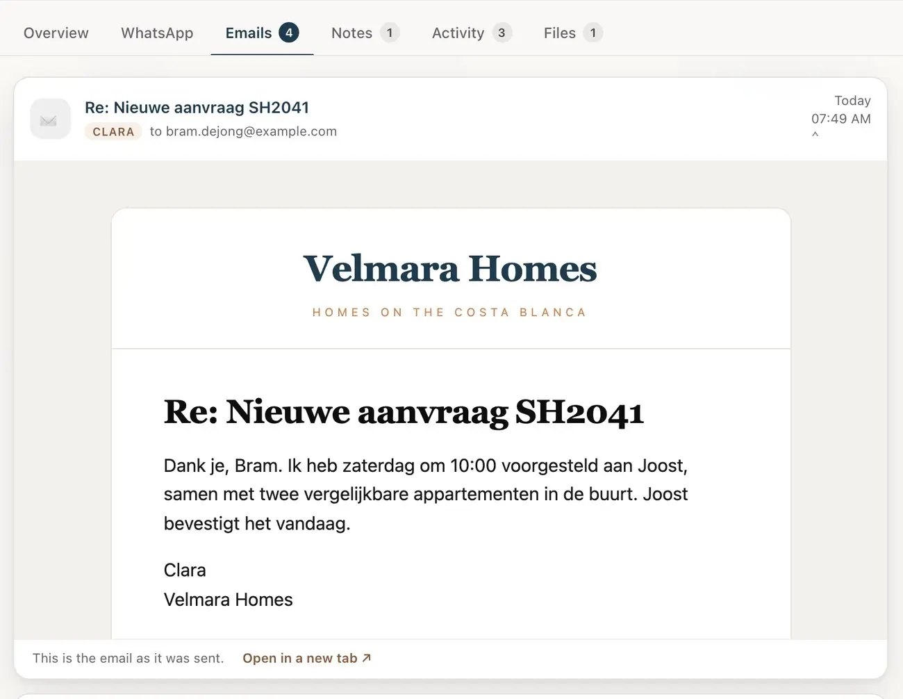The card’s Emails tab: the assistant’s replies to Bram, in Dutch, from the agency’s address.