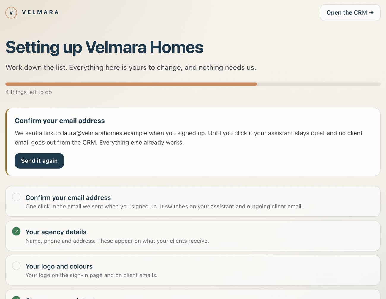 The setup page: agency details, where enquiries arrive, email, team and domain.