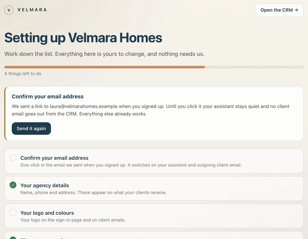 The agency’s own setup page: its name, its assistant, its domain and its mailbox, nothing of ours.